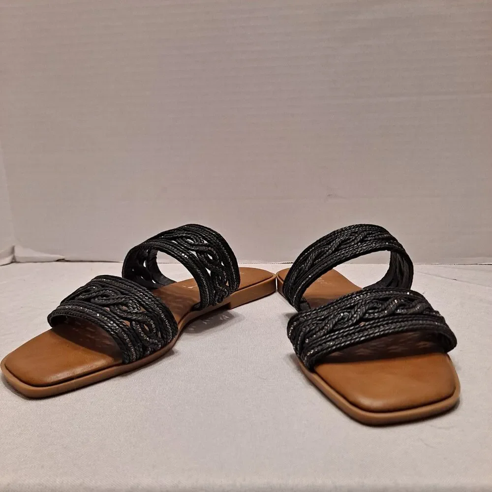 Bamboo Women's Braided Rhinestone Sandals Size 7.5 Black 2-Straps Slides